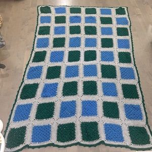 Vintage Granny Square Afghan Crochet Knit Blanket 45” x 75” Blue Green Grey